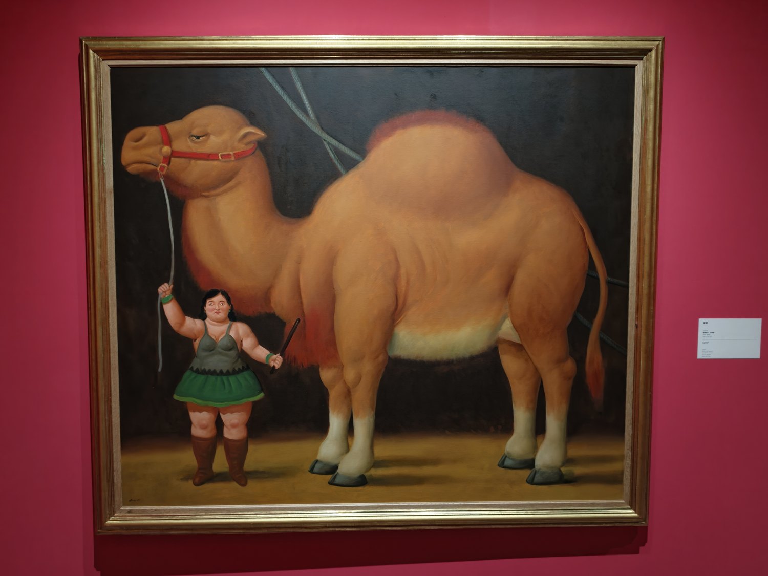 紅色展牆前完整呈現的駱駝與人物畫作